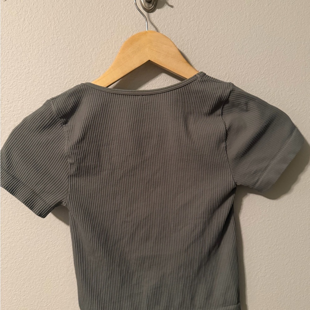 Gray Ribbed Square Neck Top - Picture 2 of 3